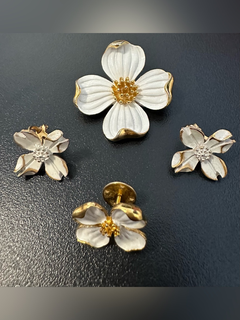 Vintage Crown Trifari White Enamel Dogwood Pin, Clip On Earrings & Brooch Set